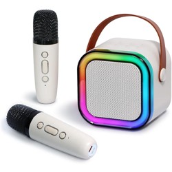 Mini karaokê K12 com 2 Microfones - Recarregável - Cor Bege