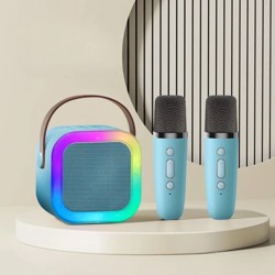 Mini karaokê K12 com 2 Microfones - Recarregável - Cor Azul