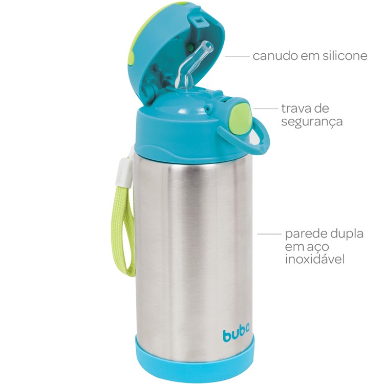 Copo/Garrafa Térmica Parede Dupla com Canudo - Azul - Buba