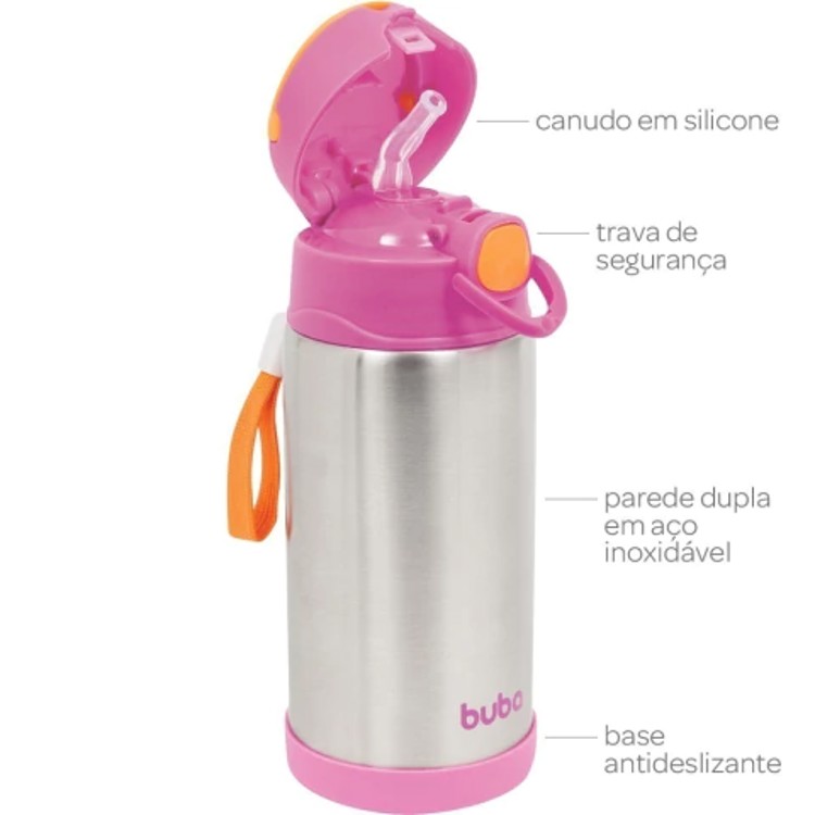 Copo/Garrafa Térmica Parede Dupla com Canudo - Rosa - Buba